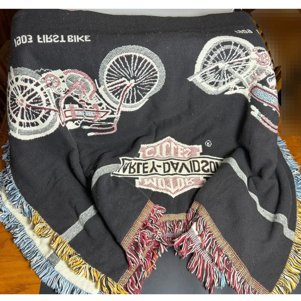 Vintage Harley-Davidson Woven Tapestry Throw Blanket-Motorcycle History Fringe